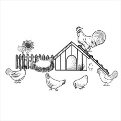 Happy chicken clipart. Farm Animals, Rooster, Hen, Bio Eggs, Coop, Chicks, Nest, Eco Village. Isolated elements. Stock illustration. Hand painted line art, vector.