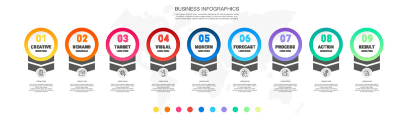 Vector business infographics template. Timeline with 9 circle, icon, arrow, steps, nine number options. Can be used for workflow layout, diagram, chart, banner, web design. Modern illustration