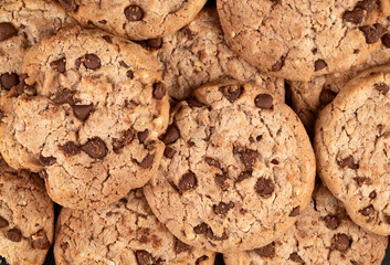 Cookies background. Chocolate chips biscuits texture background. Close up.