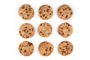 Chocolate chip cookies isolated on white background. Top view. Flat lay pattern.