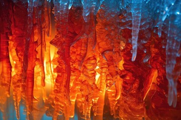 Icicles in the ice cave, close-up macro photo. Generated AI