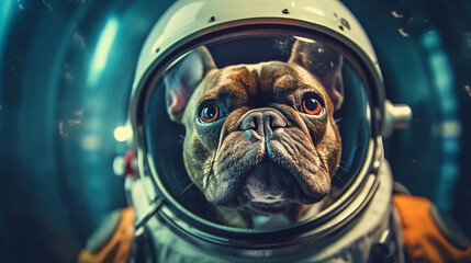 Generative AI. The helmeted French Bulldog is a distinguished presence within the space shuttle.