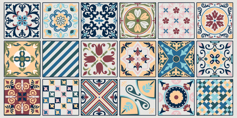 Set of patterned azulejo floor tiles. Abstract geometric background. Vector illustration, seamless mediterranean pattern. Portuguese floor tiles azulejo design. Floor cement talavera tiles collection.