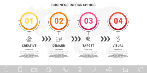 Vector infographics with four circles. Modern concept graphic process template with 4 steps and icons. Timeline for the business project on white background for app, chart, web, diagram