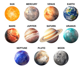 Solar System Planets with Labels Isolated on Transparent Background - Generative AI
 - obrazy, fototapety, plakaty