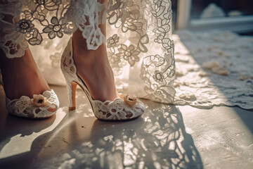 Elegant wedding lace high heel shoes with flowers. - obrazy, fototapety, plakaty
