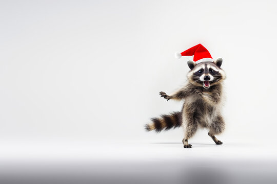 Cute raccoon in santa hat dances on white background. Merry Christmas concept. Generative AI