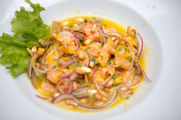 Shot of a Peruvian Salmon Ceviche Dish