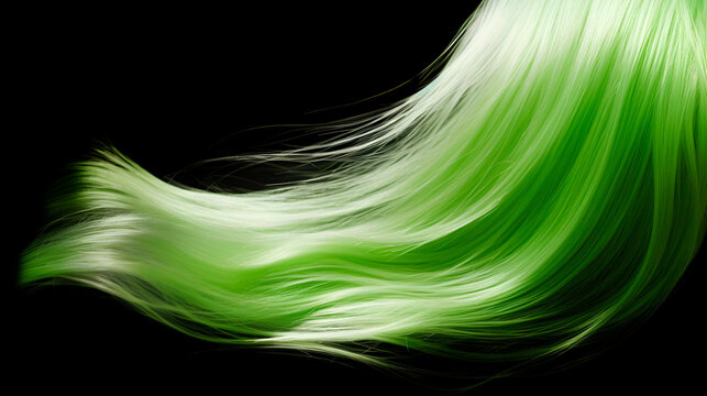 Light lime green hair wavy strand. Isolated on black background. Shiny haircare style shampoo beautiful smooth colored hair close up photo