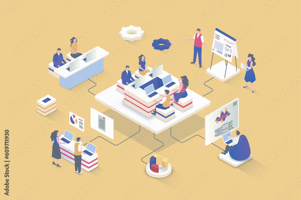 Aufkleber business meeting concept in 3d isometric design. colleagues work together at desk, discuss work task