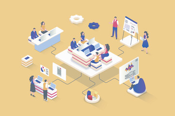 Business meeting concept in 3d isometric design. Colleagues work together at desk, discuss work tasks, make presentation, collaborate. Vector illustration with isometry people scene for web graphic