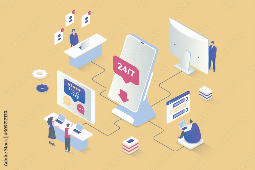 Aufkleber Customer support concept in 3d isometric design. Call center operators answering calls and consulting clients in chat of solve problems. Vector illustration with isometry people scene for web graphic