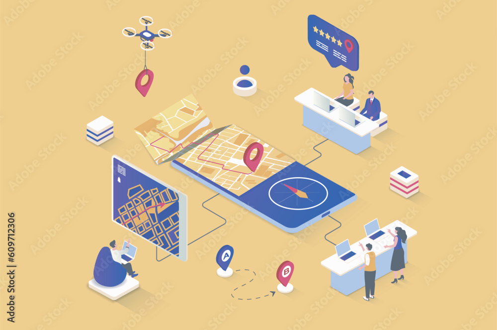 Poster GPS navigation concept in 3d isometric design. Map navigation system with pointer, road traffic and online tracking in mobile app screen. Vector illustration with isometry people scene for web graphic