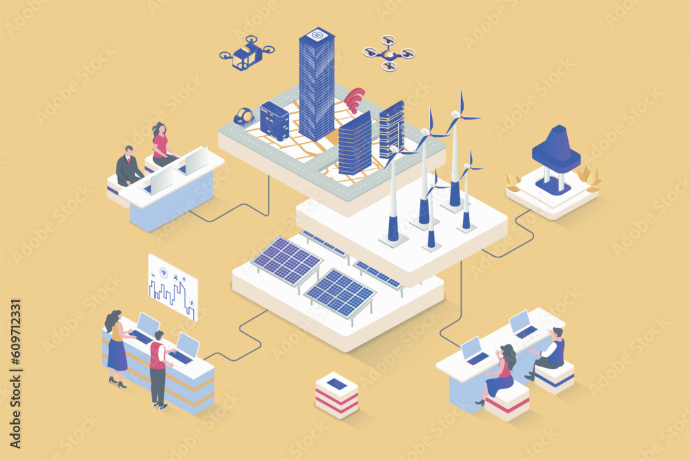 Poster green city concept in 3d isometric design. cityscape with skyscrapers, alternative energy sources an