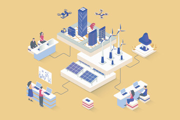 Green city concept in 3d isometric design. Cityscape with skyscrapers, alternative energy sources and eco friendly infrastructure. Vector illustration with isometry people scene for web graphic