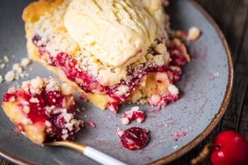 Tart with sour cherry creme, creme patisserie and crumbs, served with vanilla ice cream. Rustic and...