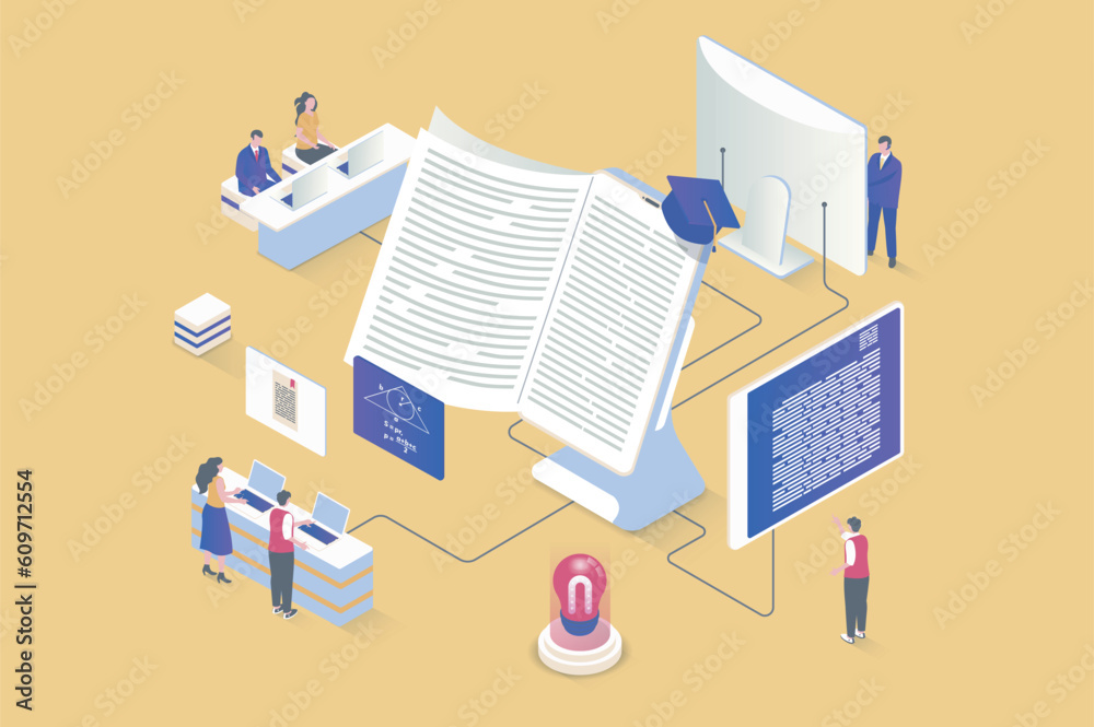 Leinwandbilder Online studying concept in 3d isometric design. Students read books, study literature and science, make homework for lessons at home. Vector illustration with isometry people scene for web graphic