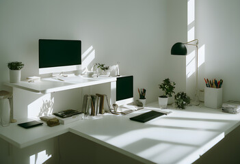 unique workplace with empty white mock up computer laptop. smart Office concept. Creative workplace empty, elegant, copy space, Generative AI, illustration