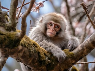 Japanese macaque setiing in tree