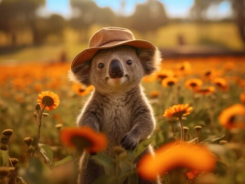 A little Koala wearing a safari hat in beautiful flowers field