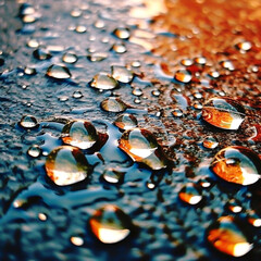 Drops of water rain on the floor. Water spilled, pure droplets condensed, vapor water bubbles. Generative AI, illustration