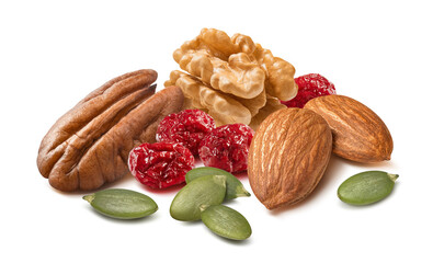 Pecan, walnut, almonds, green pumpkin seeds and dried cranberry isolated on white background. Nut...