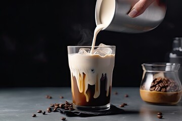 Pouring milk into glass of coffee latte on table, closeup. Created with Generative AI tools