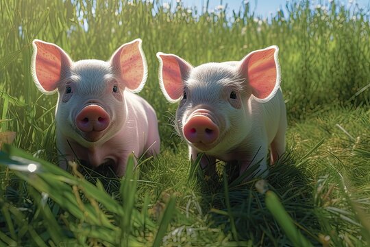 Two pigs in the grass on a sunny day. Close-up. Created with Generative AI tools