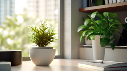 Sunlight filtering through the window an office desk with plants. Generative AI