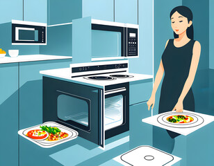 woman using are bringing food into the microwave oven at home. To reheat frozen food for their. Cooking made easy concept. Generative AI, illustration