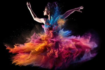 Beautiful ballerina dancing in colorful smoke on black background.. Generated AI - obrazy, fototapety, plakaty