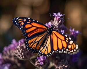 Fototapeta na wymiar Close-up of a monarch butterfly perched on a beautiful purple flower created with Generative AI technology