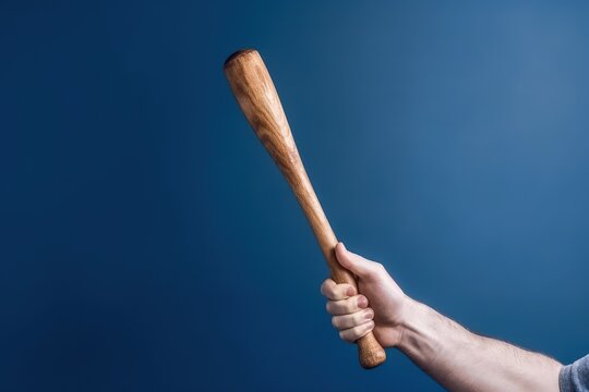 Hand holding baseball bat on blue background, Generative AI