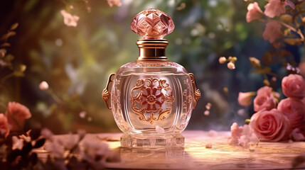 Romantic Perfume Bottle with Rose Petals. Created with Generative AI