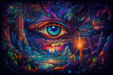 Ayahuasca experience, spiritual psychedelic hallucinations surreal illustration. Generative AI. - obrazy, fototapety, plakaty