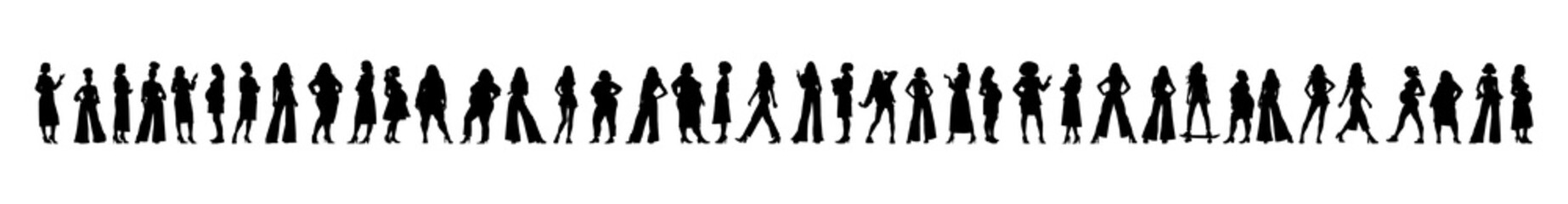 Vector illustration. Big set of female silhouettes. Different woman in various poses. Different physique.