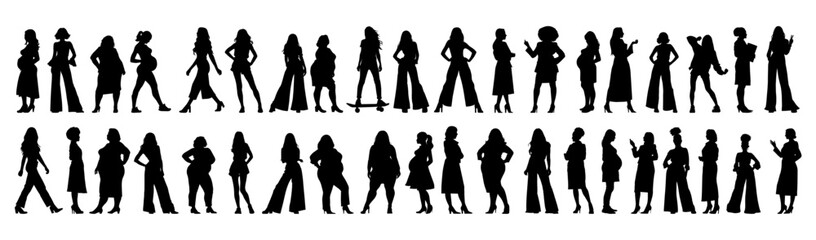 Vector illustration. Big set of female silhouettes. Different woman in various poses. Different physique.