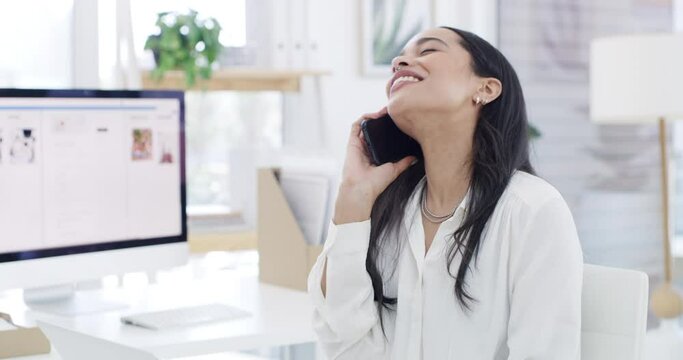 Happy business woman, phone call and laughing for joke, funny conversation or communication at office. Female employee talking on mobile smartphone with laugh and smile in fun discussion at workplace