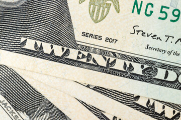 close up of twenty American dollars