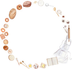 Watercolor Frame With Fresh Bread, Baking Ingredients And Tools