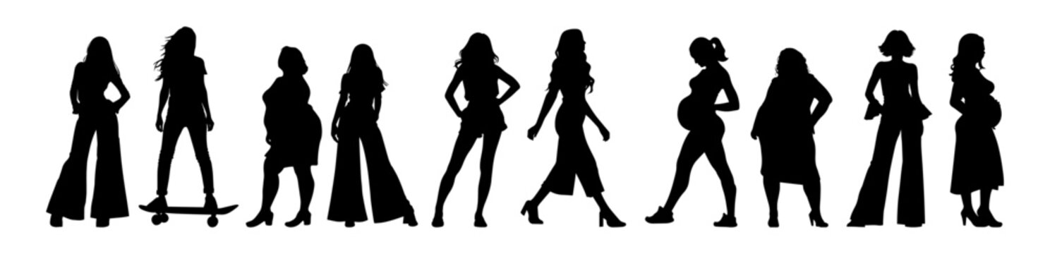 Vector illustration. Big set of female silhouettes. Different woman in various poses. Different physique.