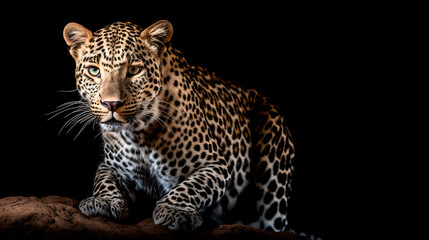 Fototapeta na wymiar Majestic African Leopard Female Pose on Dark Background. AI generated.