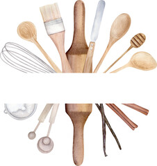 Watercolor Frame With Baking Ingredients And Tools