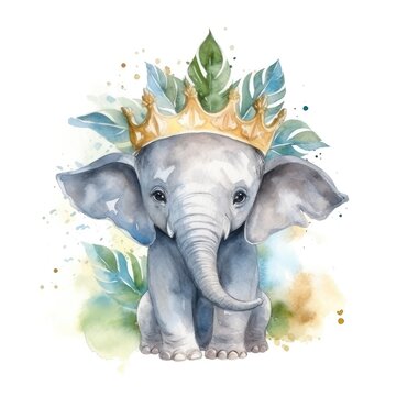 Watercolor painting of a cute baby elephant with a crown on the head and green leaves Generative AI Illustration © SVasco