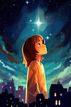 Illustration of a boy in the middle of a city looking at the sky with stars Generative AI Illustration