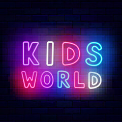 Kids world neon label. Play zone. Simple colorful inscription. Glowing advertising. Vector stock illustration