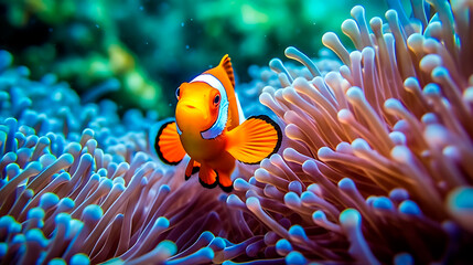 Adorable Clownfish and Sea Anemone. Underwater Elegance. AI generated. - obrazy, fototapety, plakaty