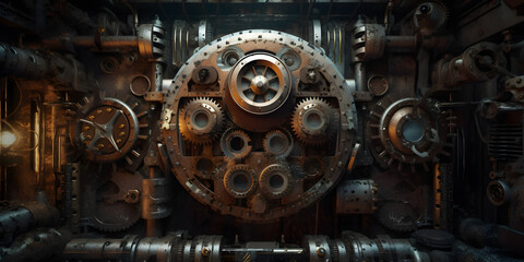 Fototapeta na wymiar Steampunk Background with Rusty Gears and Engines. Industrial Background. Generative AI