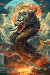 Dragon in the sky. Fantasy illustration of a dragon in the sky. AI Generative