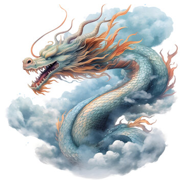 Dragon in the clouds. Illustration of a mythological creature. AI Generative